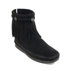Minnetonka 299 HIGH TOP BACK-ZIP‎ Black Fringe Moccasin Boots Women’s 8 suede